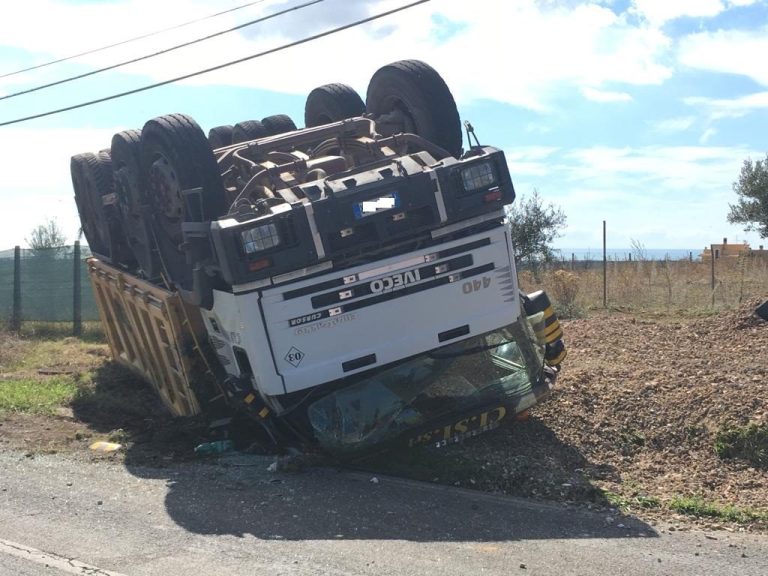 Camion si ribalta su via Doganale