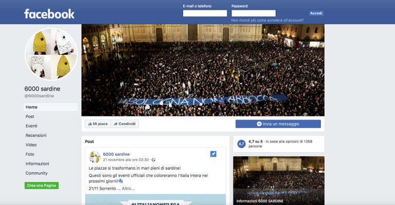 Facebook, dopo alcune ore di blocco è stata ripristinata la pagina delle “sardine”