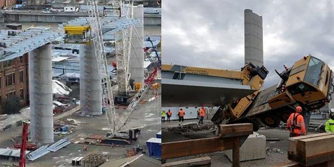 Genova, si inclina una gru nel cantiere di ricostruzione del nuovo viadotto: feriti leggermente tre operai