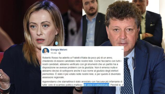 Giorgia Meloni sull’arresto di Roberto Rosso: “Mi auguro dimostri la sua innocenza ma per ora è fuori dal partito”
