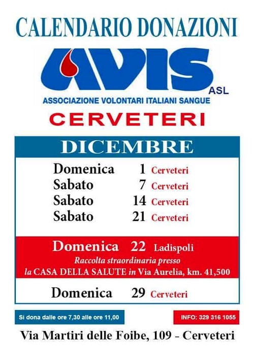 Il calendario Avis per le donazionidi sangue per il mese di dicembre