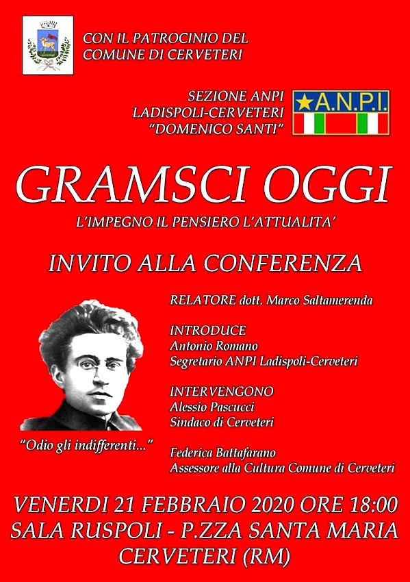 Questo venerdì in Sala Ruspoli appuntamento con l’ANPI Cerveteri-Ladispoli e “Gramsci Oggi”