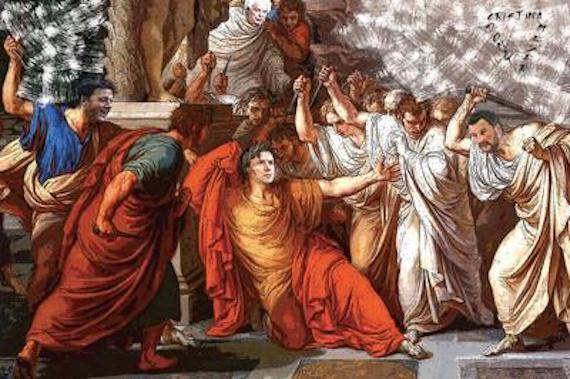 Milano, un murales sui Navigli ‘rivisita’ la morte di Cesare con Matteo Salvini, Giuseppe Conte e Matteo Renzi