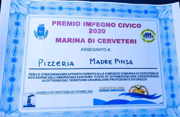 La Madre Pinsa premiata per l’impegno civico: assicura il servizio pubblico anche durante il Covid