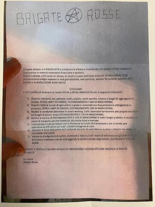 Volantino con minacce di morte alla sede di Forza Italia da parte delle “Nuove Brigate Rosse”