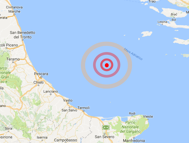 Registrata scossa sismica di magnitudo 5.8 a nel Mar Adriatico a largo dell’Abruzzo