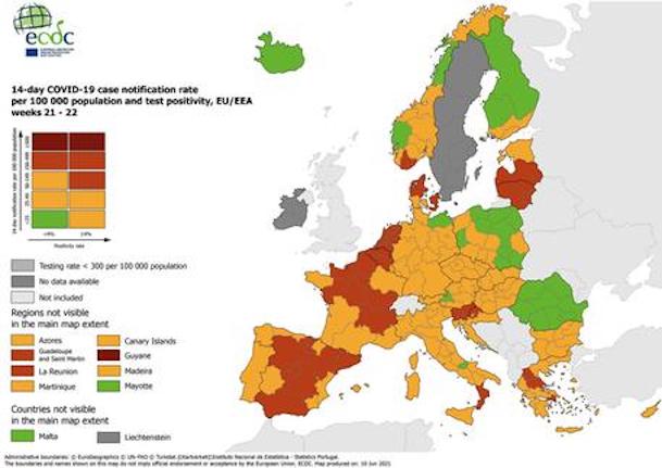 Covid, per la mappa epidemiologica Ue l’Italia resta tutta verde: a rischio minore