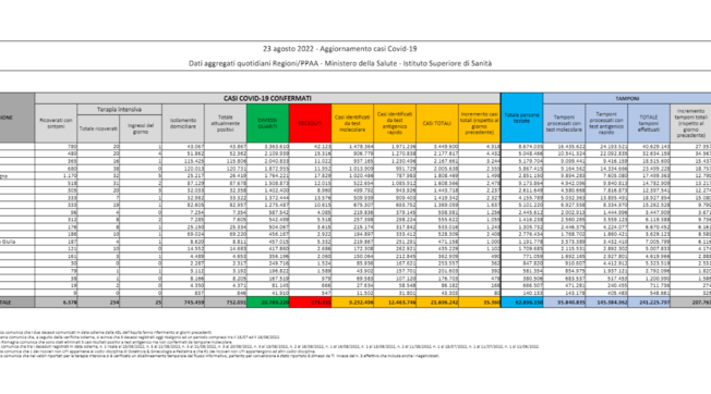 Covid, il bollettino del 23 agosto: 134 morti (174.931). Positivi: 752.091 (-14.986). Dimessi: 77.209. Nuovi contagi: 35.360. Pazienti in terapia intensiva: 254 (-1)