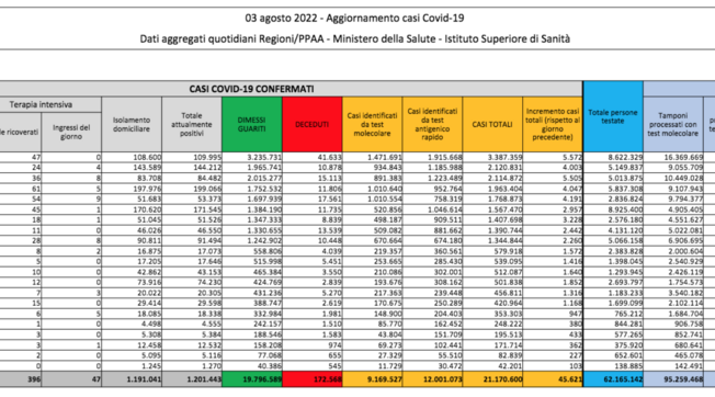 Covid, il bollettino del 3 agosto: 171 morti (172.568). Positivi: 1.201.443 (-28.264). Dimessi: 74.049. Nuovi contagi: 45.621. Pazienti in terapia intensiva: 396 (+10)