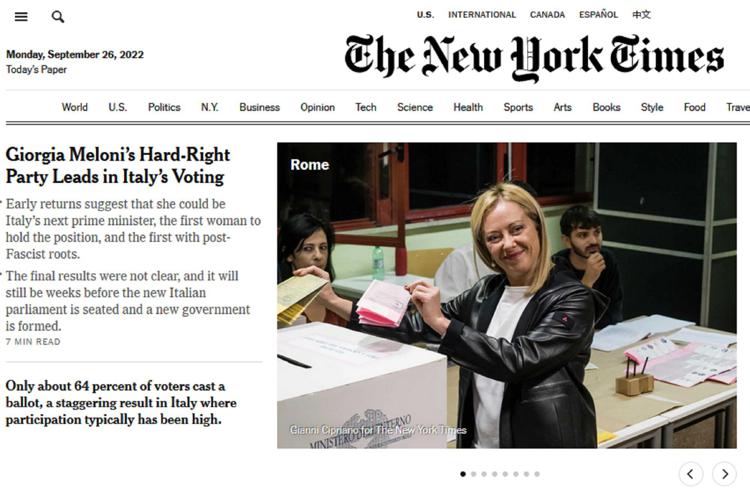Elezioni 2022, la reazione del New York Times: “Giorgia Meloni è a prima donna a ricoprire la carica di premier in Italia e a prima ad avere radici post fasciste”