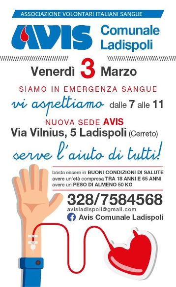 All’Avis di Ladispoli raccolta di sangue venerdì 3 marzo