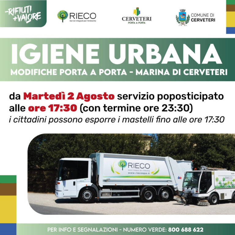 Raccolta rifiuti, a Marina di Cerveteri cambia l’orario di conferimento del martedì per utenze domestiche